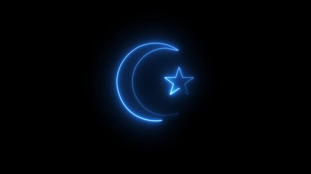 Glowing neon line Moon  Neon shiny moon with star icon . A soft blue neon crescent moon icon with a minimalist design on black background.
