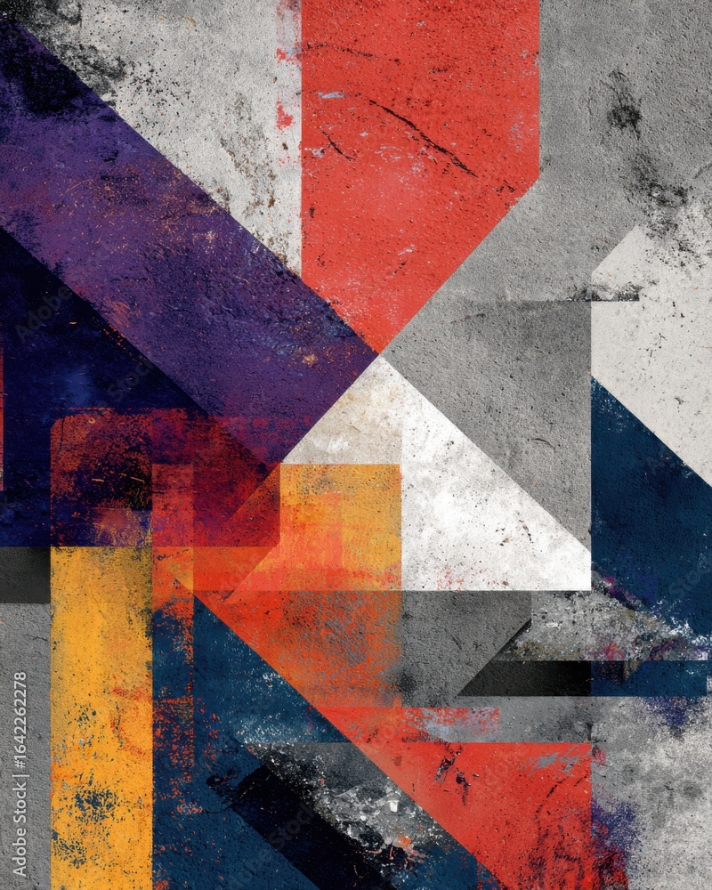 Poster abstract geometric shapes in vibrant colors and distressed texture over concrete surface for modern 