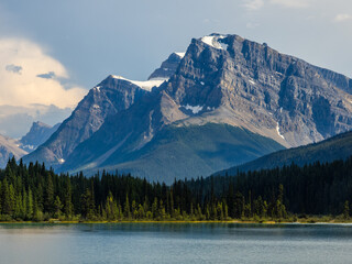 Majestic mountain range rising above a tranquil lake in Banff
