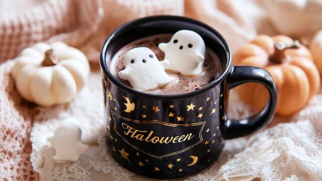Halloween hot chocolate with ghost marshmallows, cozy fall drink, festive mug with pumpkins, autumn seasonal treat, cute spooky beverage concept