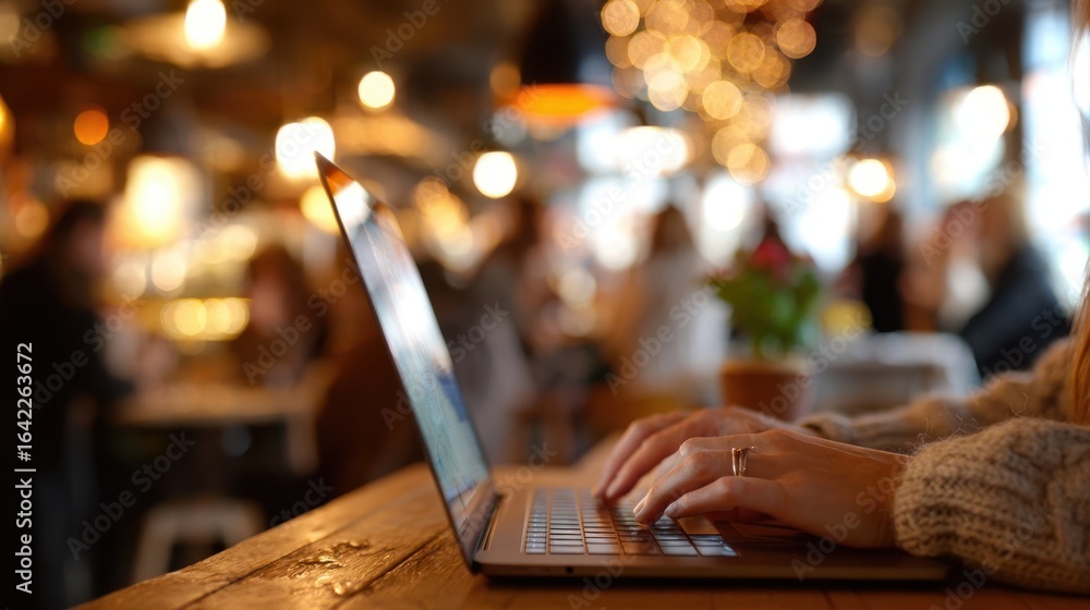 Poster close up view of female hands typing on a laptop keyboard in a cozy cafe, with a warm bokeh backgrou