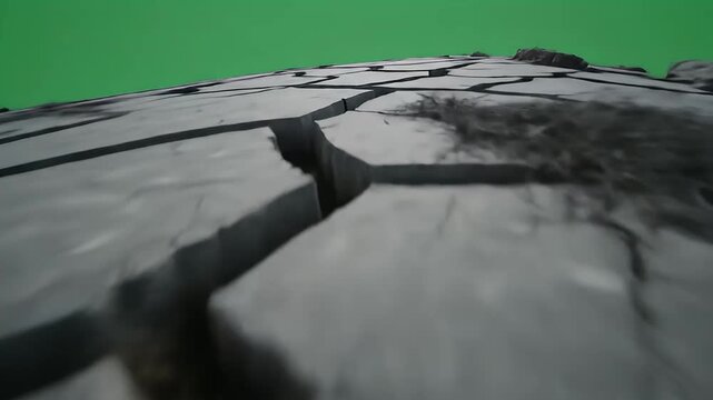 Dry cracked ground texture isolated on a green screen background.	