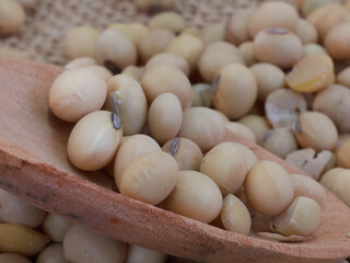 Top view Soy Beans seeds in wooden bowl on wooden table.
