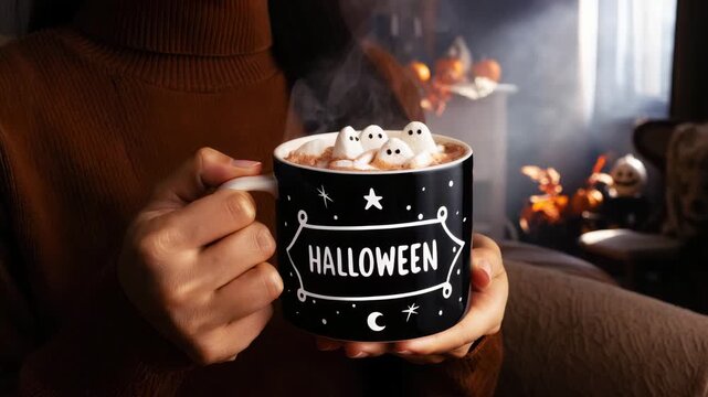 Halloween hot chocolate, cozy holiday drink, spooky ghost marshmallows, autumn celebration mood, festive warm beverage, seasonal mug design, Halloween home atmosphere