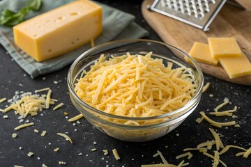 Freshly grated cheddar cheese in a glass bowl with a block and slices
