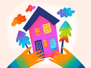 Colorful illustration of a house surrounded by trees and hands