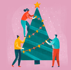 Three friends decorating a Christmas tree with colorful lights