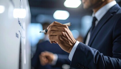 A focused young professional writes on a whiteboard in a modern office setting, captured in a cinematic close-up shot with dramatic lighting highlighting creativity, planning, and teamwork