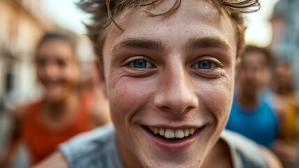 Teen Runner's close-up reveals joy and determination. Candid portrait of youth in motion with focus on bright blue eyes and happy smile.