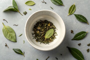 Overhead view of dried green tea leaves in a bowl surrounded by fresh green tea leaves