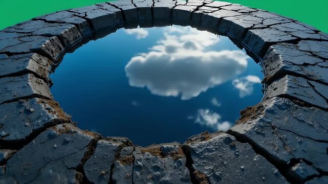 View of the sky from the bottom of an old stone well on green screen.	