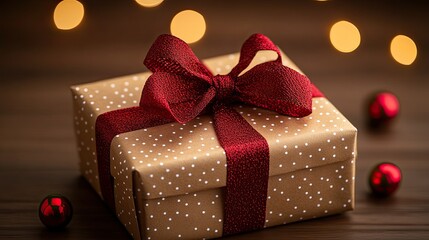 Festive Christmas Gift with Red Ribbon and Bokeh Lights, a Timeless Holiday Delight