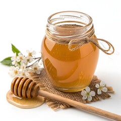 Golden honey in a jar with a wooden honey dipper and white blossoms