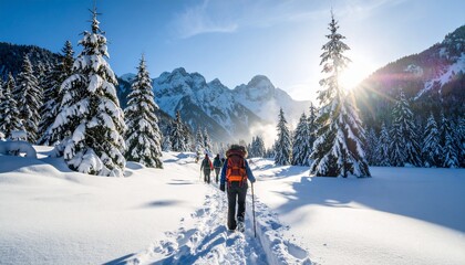 A group of hikers trek through a powdery white snow-covered route flanked by tall pine trees, embracing the crisp winter air and scenic beauty of a serene forest trail on their outdoor adventure