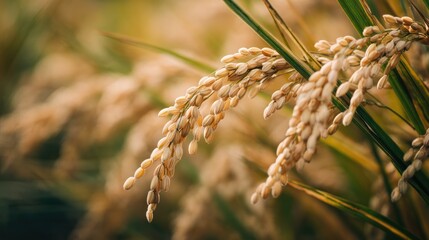 Golden rice grains hang on stalks, ready for harvest, blurred field in the background