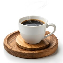 White ceramic cup of hot black coffee on rustic wooden coasters