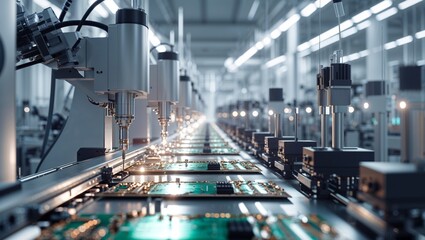 Modern manufacturing of circuit boards on an automated assembly line within a factory.