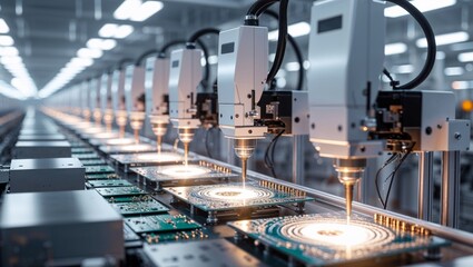 Fototapeta premium Robotic arms meticulously assembling circuit boards on an automated production line in a factory.