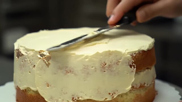 Elegant Three Tiered Cake Frosting Process with Creamy White Icing and Delicate Floral Decorations Close Up Demonstrating Culinary Artistry and Dessert Preparation Perfect for Wedding and Birthday