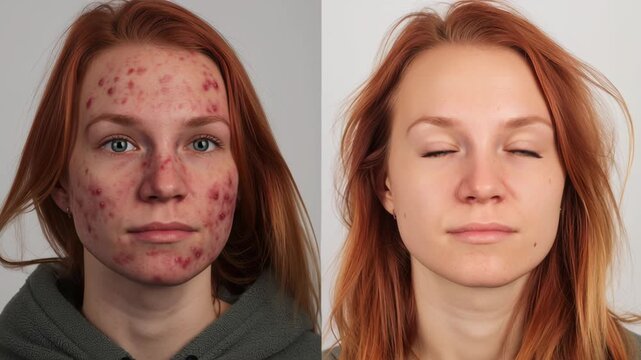 Side-by-side comparison of a young woman showing severe acne before treatment and clear skin after successful dermatological care.