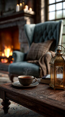Fototapeta premium Cozy retreat with hot tea, vintage lantern, soft blanket, and plush armchair against a fireplace ambiance in a dimly lit setting.