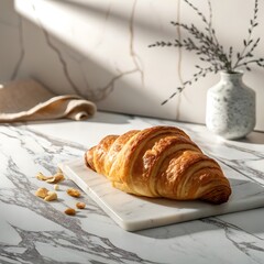 Golden croissant on marble surface with morning light and dried flowers