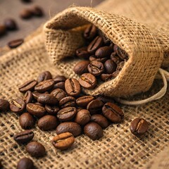 Fresh roasted coffee beans spilling from a burlap sack