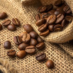 Roasted coffee beans spilling from a burlap sack on a textured surface