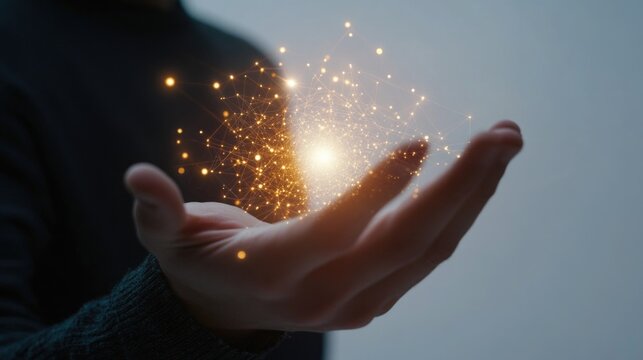 Close up hand of man holding illuminated light in white background. idea, innovation, thinking, and inspiration for business concepts. Cyber digital data idea.