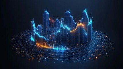Futuristic Cityscape Visualization with Digital Architecture and Data Flow