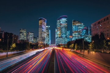 Fototapeta premium City lights at night. Highway traffic streaks