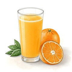 Fresh orange juice in a tall glass with sliced oranges and leaves