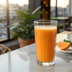 Refreshing glass of orange juice with a slice of orange on a table with a plant and city view