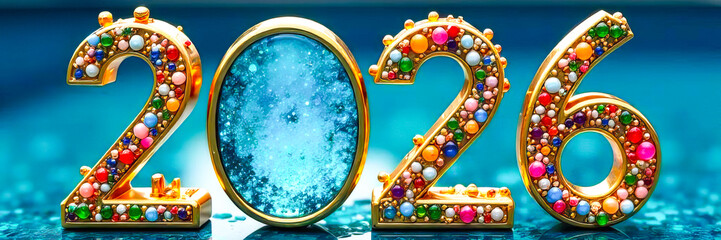 Colorful numbers of the new year 2026, decorated with vibrant gems and sparkling beads on a bright blue background, symbolizing celebration and a new beginning. Banner of beauty and jewelry