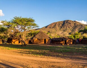 A view of an African tribal village with traditional round huts, representing themes of culture, travel, and indigenous life.