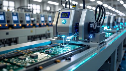 Automated soldering machine assembling electronic components on a circuit board.