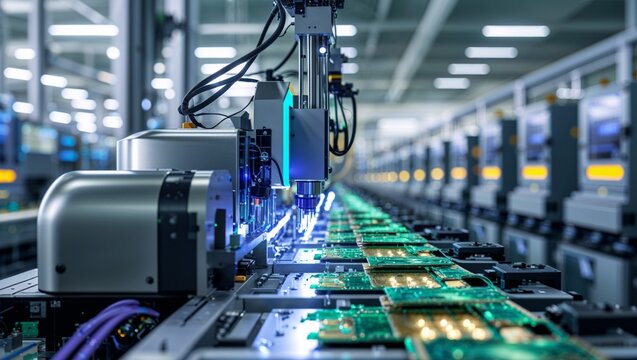 Modern factory featuring an automated assembly line producing electronic circuit boards.