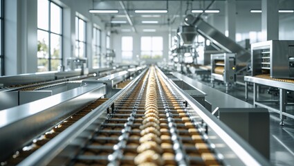 A modern food factory showcasing automated cookie production on a conveyor system.