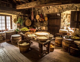 The process of cheese making inside a traditional barn, representing themes of food production, farming, and tradition.