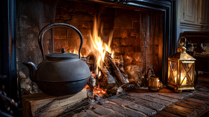 Cozy Fireplace Scene: Cast iron teapot on wood by warm fire. Cozy indoor setting with soft light from a candle and fire.