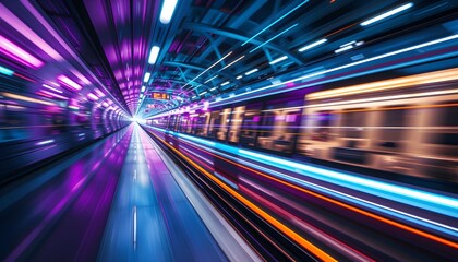 Fototapeta premium A blurred train streaks through a futuristic, neon-lit subway tunnel, creating a sense of speed.