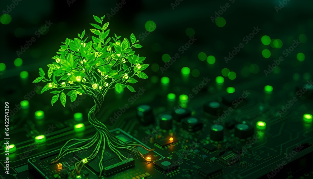 Poster a glowing green tree grows from a computer circuit board, symbolizing technology and nature.