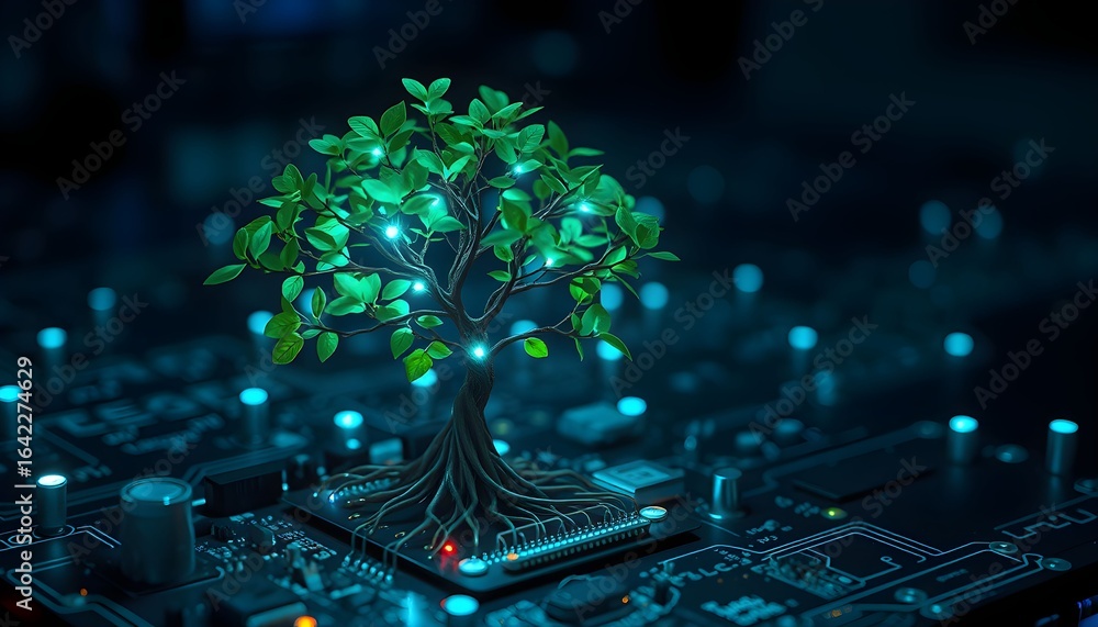 Poster a vibrant green tree grows from a computer circuit board, symbolizing technology and nature's interc