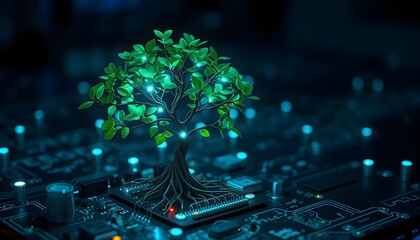 A vibrant green tree grows from a computer circuit board, symbolizing technology and nature's interconnectedness.
