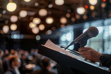 Close-up of hands holding notes on podium with microphone, blurred conference background.