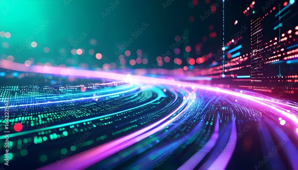 Poster abstract digital highway of glowing data streams curving through a futuristic cityscape.