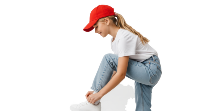A young woman in a red cap tying her white shoelaces with a black background and casual clothing