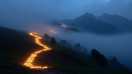 Glowing footprints ascending misty mountains, representing the challenging path of personal health journeys.