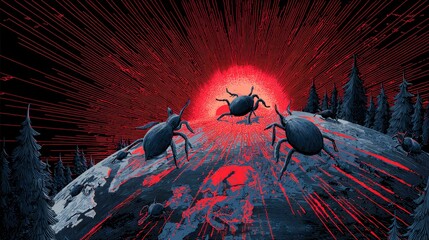 Surreal landscape of giant glowing ticks crawling over a melting earth with radiating red disease vectors.