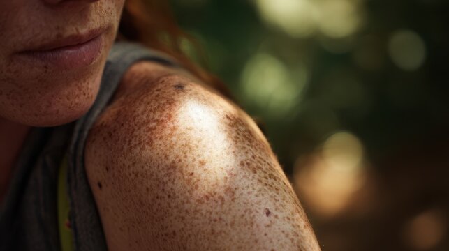 Fototapeta Close up of a freckled shoulder and face of a young woman enjoying the sunlight, highlighting the natural beauty of her skin with a blurred natural background